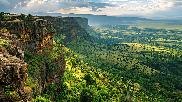 Image of giraffes grazing in a savannah at sunset